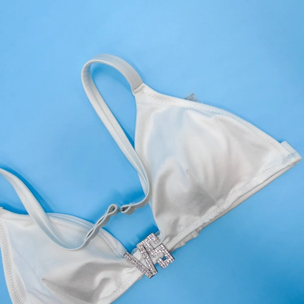 Victorias Secret White XS Rhinestone Metal VS Logo Trianlge‎ Bikini Top Swim NEW - Picture 2 of 7